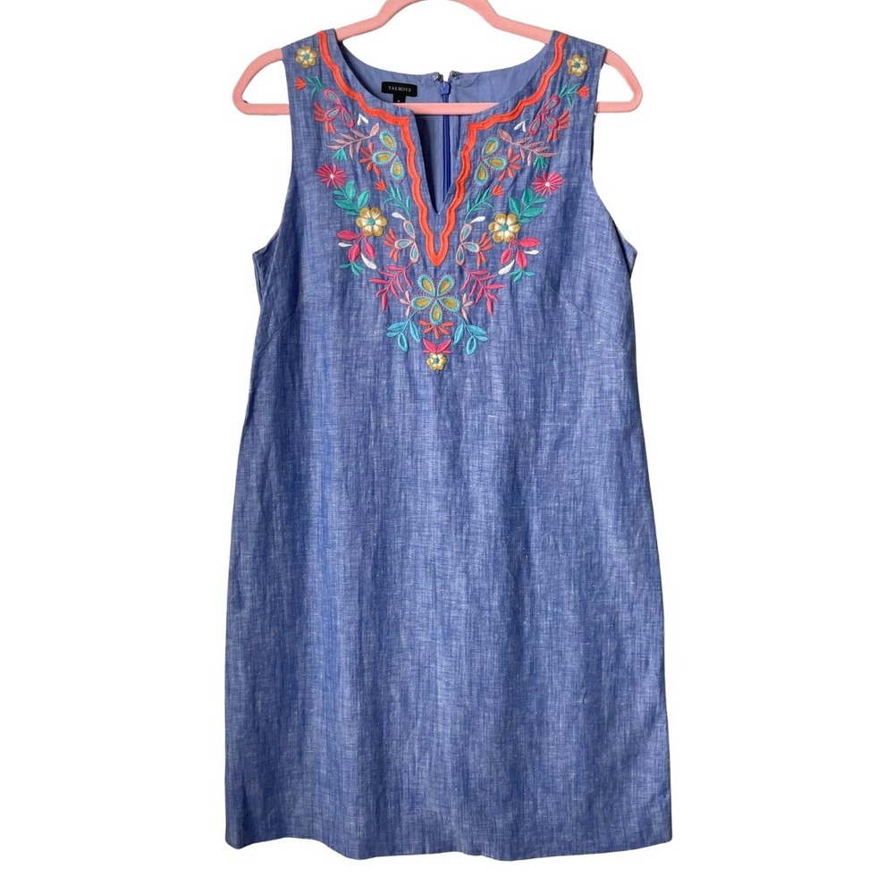Talbots Dress Womens‎ Size 4 Chambray Blue Linen Cotton Embroidered Floral Shift